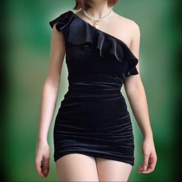 black velvet gothic velour off the shoulder asymmetrical mini dress - Picture 3 of 5